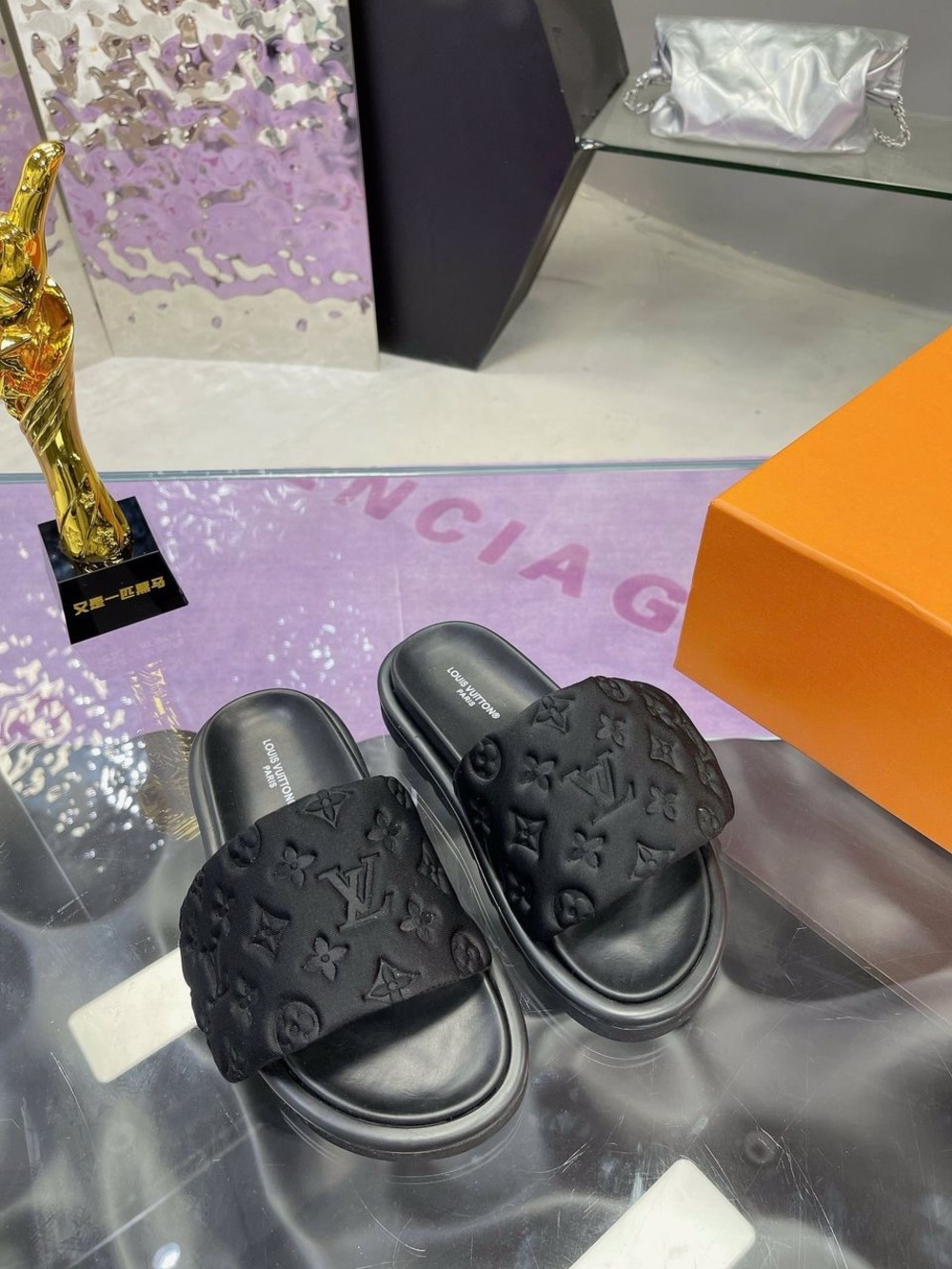 Louis Vuitton Black Monogram Padded Slide Sandals - Picture 1 of 8